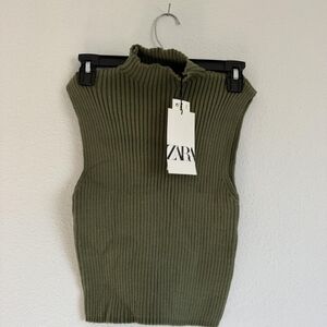 Zara Olive Green Ribbed Sleeveless Knit Top